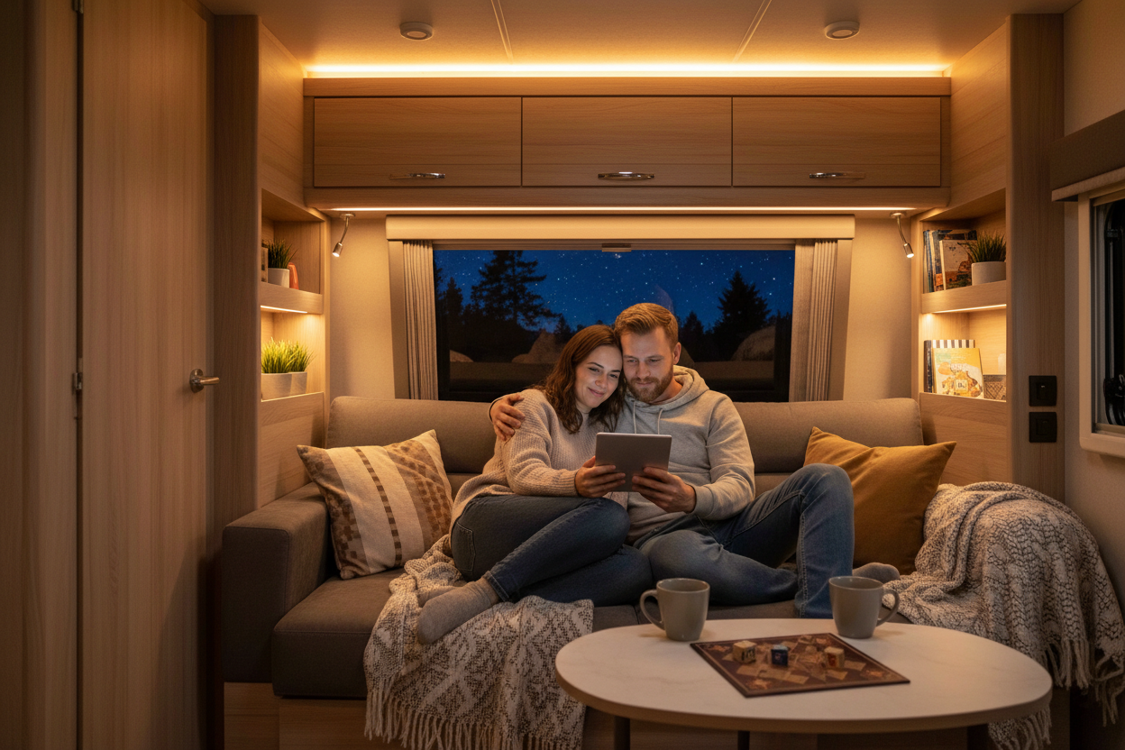 a couple lounging on a sofa in their rv