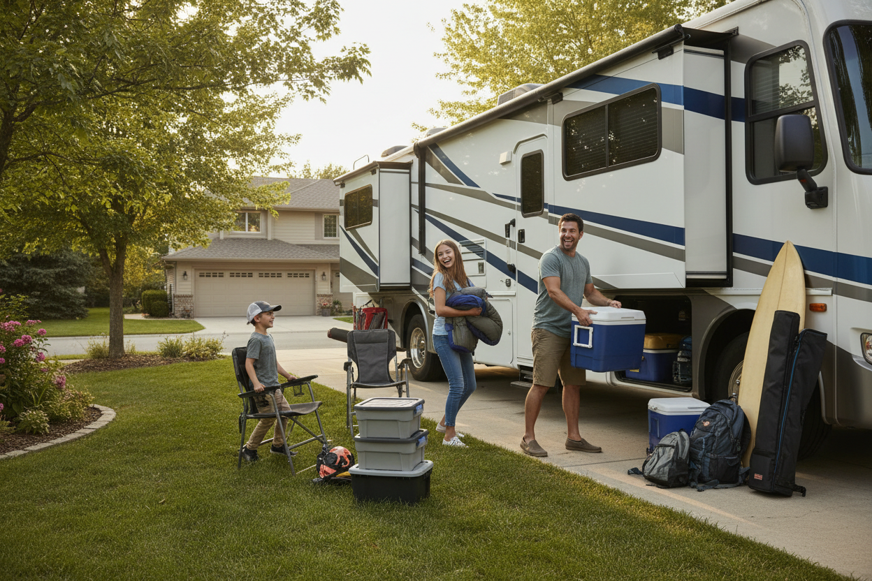 a family loading their motorhome with camping gear in their driveway