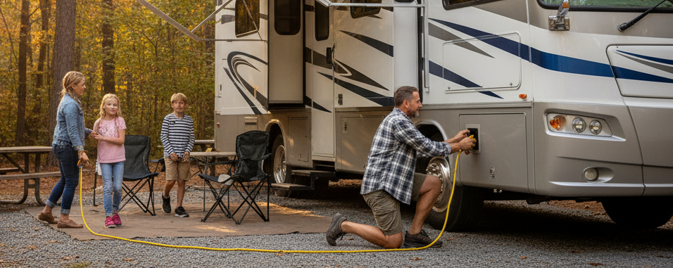 a family setting up their rv in the campground. The dad is plugging the yellow power cord into the rv