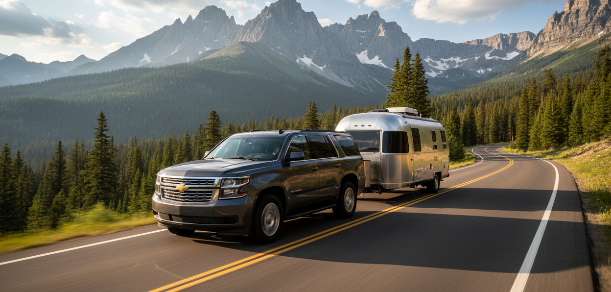 an airstream camper being towed by a Chevy suburban through the mountains