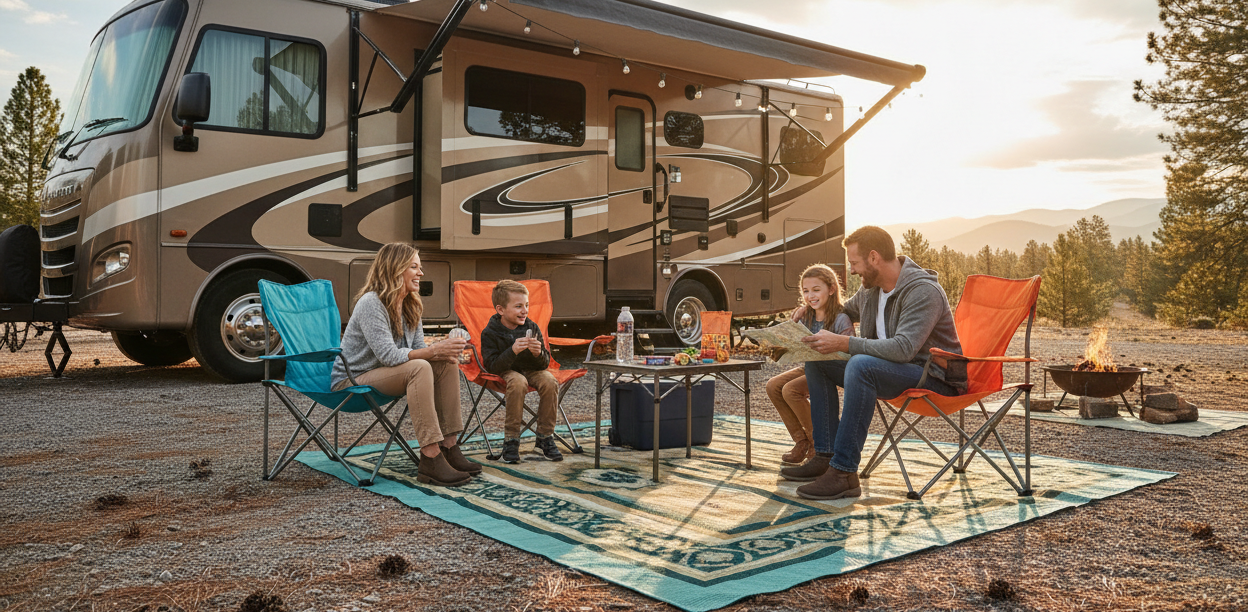 family sitting in fold up chairs on a mat in front of their rv 