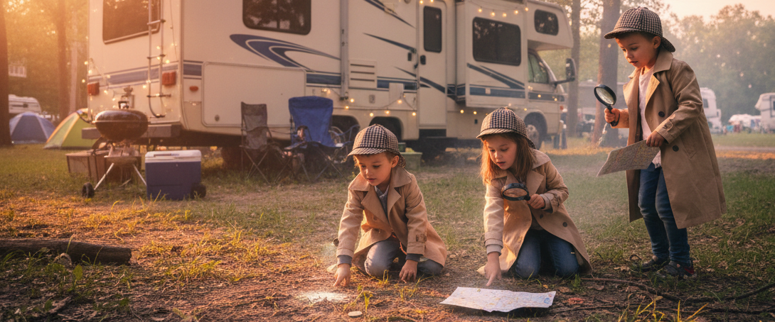 kids playing "detective" searching for something in front of their family RV in the campground at magic hour